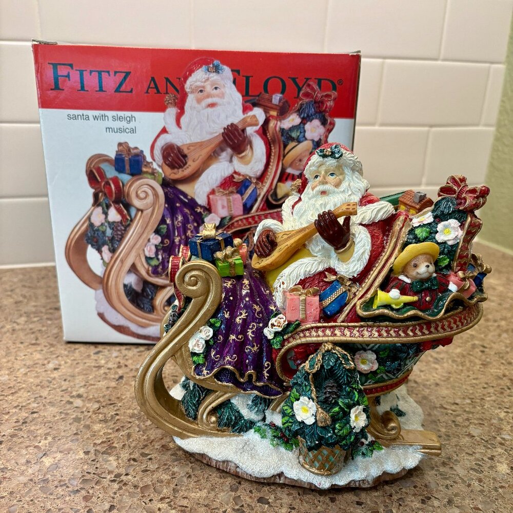 Fitz and Floyd Santa Open Sleigh Christmas Music Box with Jingle Bells Song